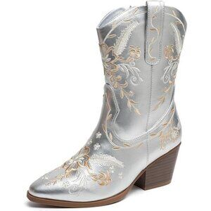 ANJOUFEMME Women’s Cowboy Boots, Chunky Heel, Mid-Calf, Pointy Toe, Side Zip